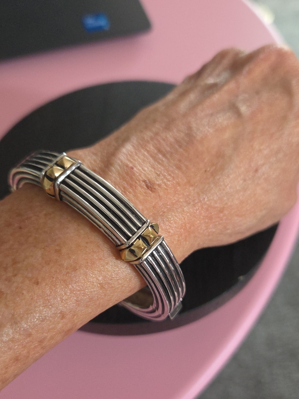 Two-Tone Silver and Gold Ribbed Stackable Bangle Bracelet - Picture 5 of 9